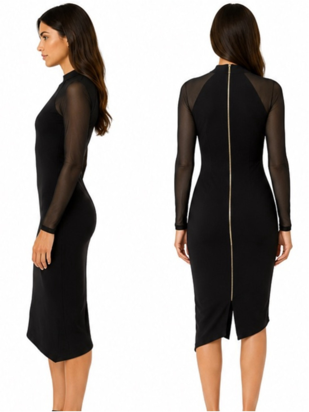 Ted Baker Black Mesh-Sleeve Midi Dress with Gold Back Zip